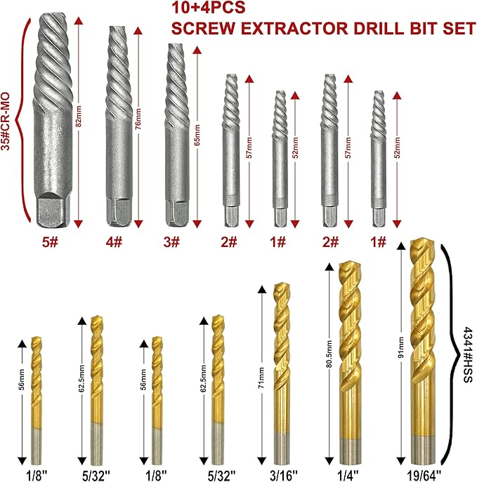 14Pcs Screw Extractor Set, Left Hand Drill Bit and Bolt Extractor Kit Easy to Remove Stripped Broken Damaged Screw Bolt and Nut Out, Reverse Drill Bit Extractor Set