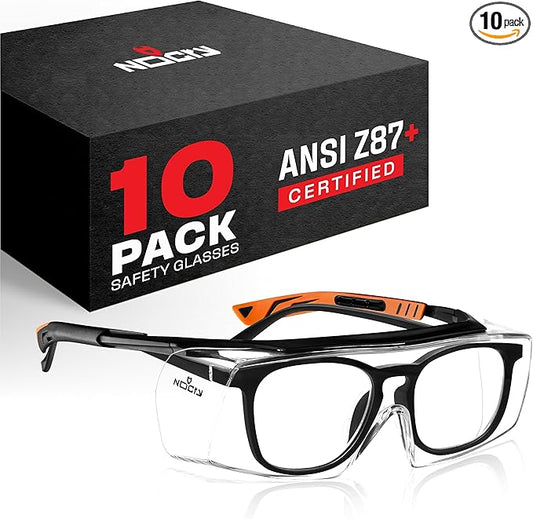 NoCry Safety Glasses That Fit Over Your Prescription Eyewear. Clear Anti-Scratch Wraparound Lenses, UV400 Protection, ANSI Z87 & OSHA Certified. Use in the Lab, Travelling, Black & Orange (10-pack)