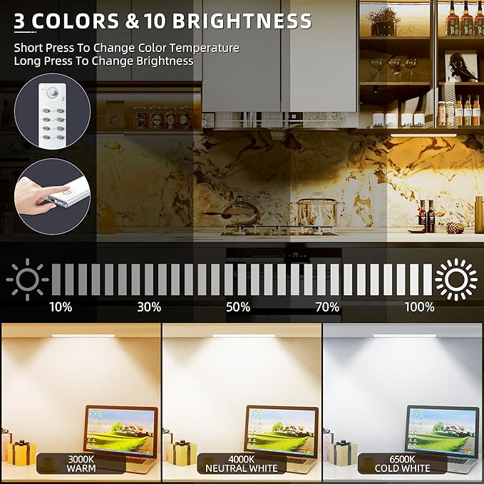 66 LED Under Cabinet Lights Wireless with Full Lighting,Rechargeable Closet Lights with Remote and Motion Sensor Indoor,Under Counter Light with CCT and Dimmable for Kitchen,Stair(3 Pack,7.87inch)
