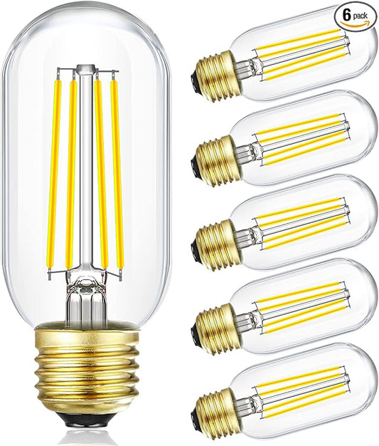 Leools E26 Edison Bulb 8W Equivalent E26 LED Bulb 100 Watt Dimmable Daylight 4000K E26 Light Bulb AC120V 800lm Tubular T14 LED Bulb for Pendant,Sputnik,Vanity,Chandeliers Pack of 6
