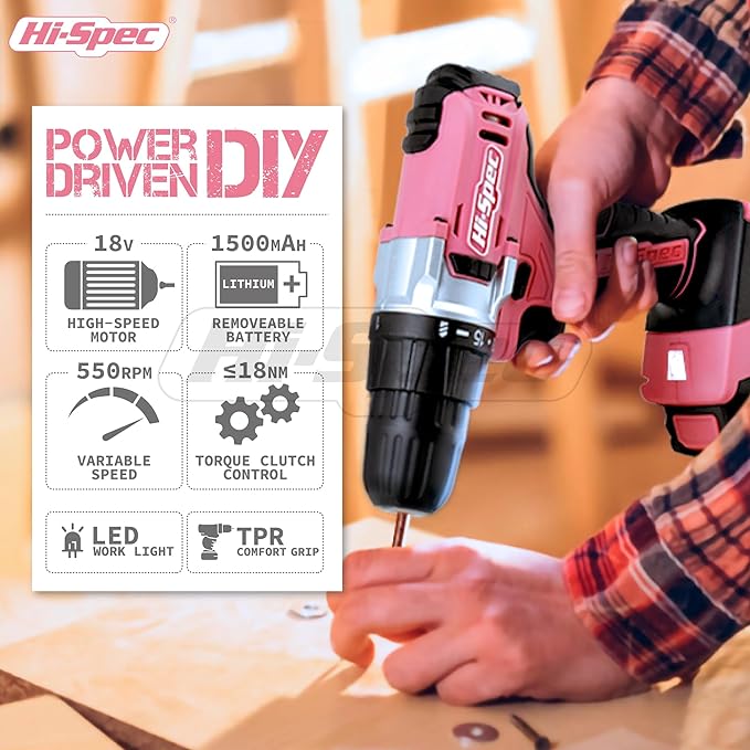 Hi-Spec 81pc Pink 18V Cordless Power Drill Driver.Complete Home & Garage Hand Tool Kit Set for DIY