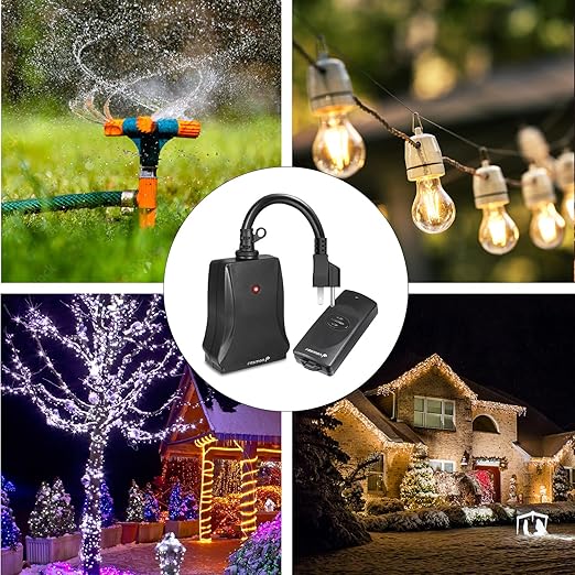 Fosmon Outdoor Wireless Remote Control Plug Outlets, Dual Battery Operated On/Off Light Switch for Electrical Outlets, No Interference, 100 Feet Range, No Wiring & Expandable, Grounded, ETL Listed