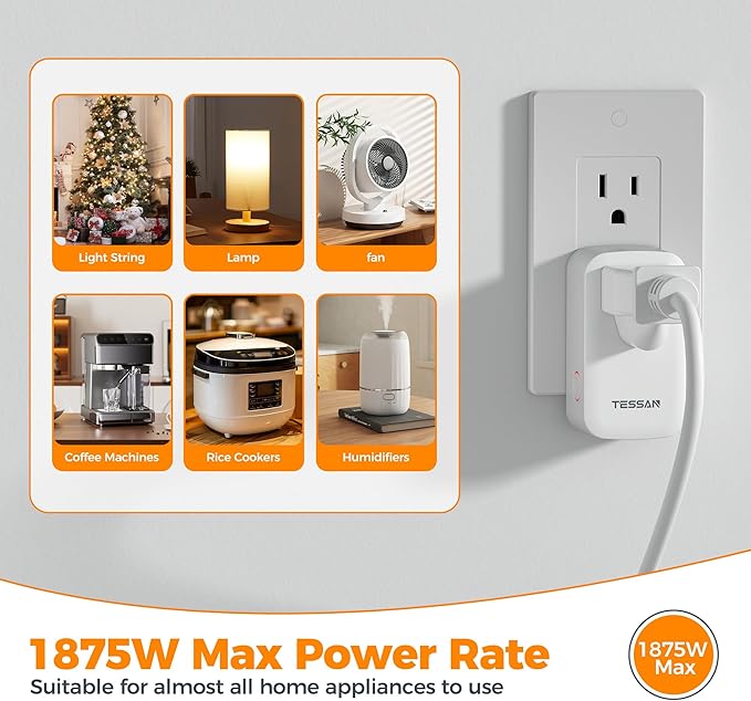 TESSAN Remote Control Outlet Wireless Wall Mounted Light Switch, Range 100FT Remote Control Outlet Plug, Wireless Light Switch for Indoor String Lights, Lamps, 1875W