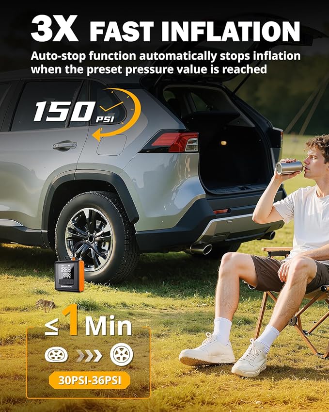 AUXBEAM H4Pro Tire Inflator Portable Air Compressor,150PSI 2 in 1 Rechargeable 5200mAh Car Tire Inflator Portable 4 Preset Inflation Modes 12V Air Pump With LCD Screen for Car, Motorcycle, Bike, Ball