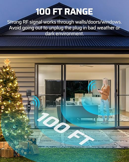 DEWENWILS Outdoor Remote Control Outlet, 15A Wireless Remote Control Switch, 100FT Control Range & 14AWG SJTW Power Cord, Weatherproof for Outdoor Appliances, 1 Remote Control+3 Outlets, FCC Listed