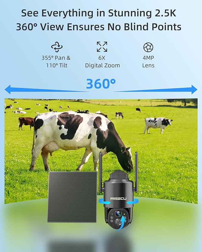 4G LTE Cellular Solar Security Camera Wireless Outdoor, No WiFi Solar Powered Outdoor, 2.5K Color Night Vision, AI Motion Detection, 360° PTZ Live View, 2 Way Talk, Built in SIM Card (2 Pack)