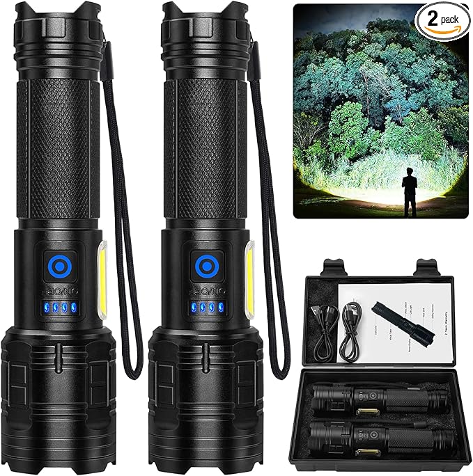Flashlight Rechargeable 90,000 High Lumen - 2 Pack LED Flash Light with COB, 7 Modes Powerful Handheld Flashlight for Home, Camping (2)