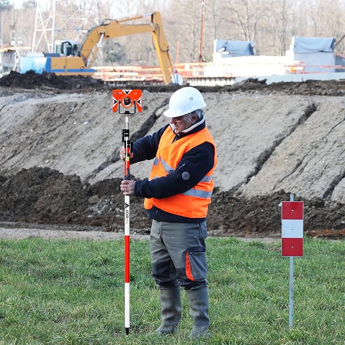 AdirPro Aluminum Prism Pole - Telescopic 12’ (3.7m) – Fixed Adapter Tip – Quick Release Clamp - Metric Graduation - Strong & Lightweight GPS Pole - for Use with Prisms - Rover Rod - GNSS Instruments