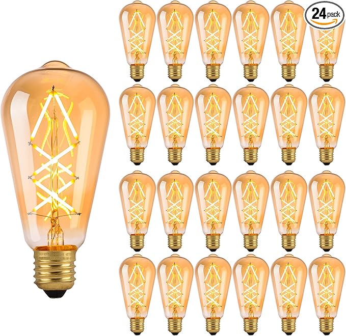 OMED LED Edison Light Bulb 24 Pack, Dimmable Criss-Cross Filament LED Bulbs, 60 Watt Equivalent 2700K Soft White Vintage Style Amber Glass Edison Bulb, 600 Lumens 6W Medium Base E26 ST64 Light Bulb