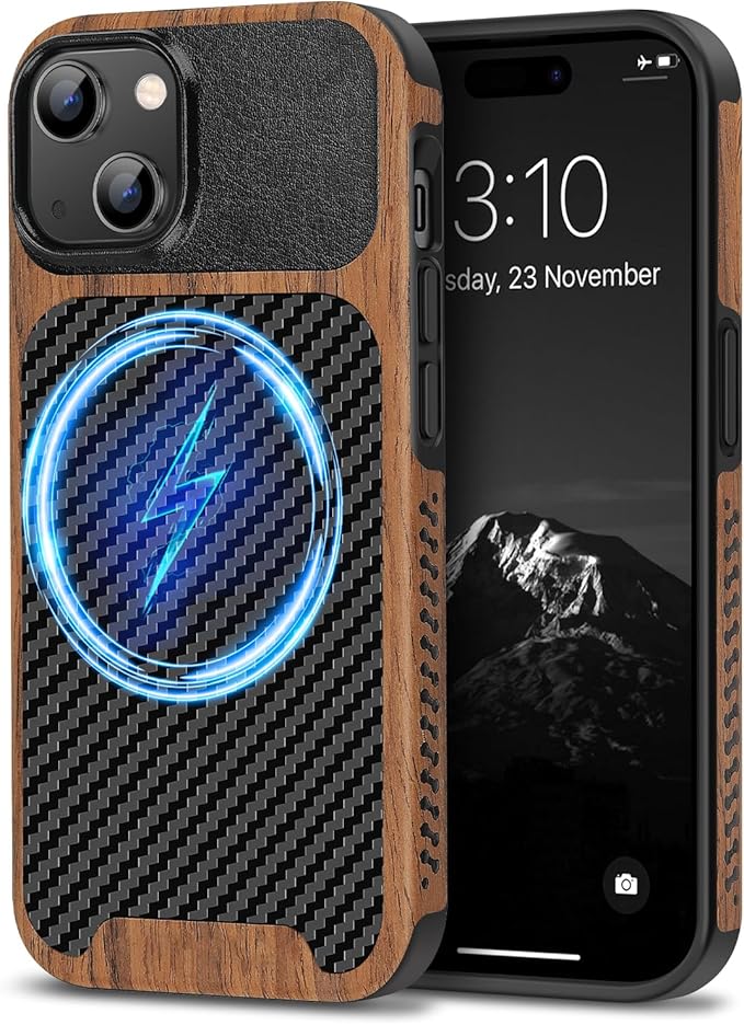 TENDLIN Compatible with iPhone 15 Plus Case Wood Grain with Carbon Fiber Texture Design Leather Hybrid Slim Case (Compatible with MagSafe) Black