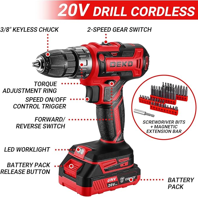 Red Drill Tool Kit Set: 20V Cordless Power Drill Tool Box with Battery Electric Drill Driver for Men Home Hand Repair Basic Toolbox Tools Sets Drills Case