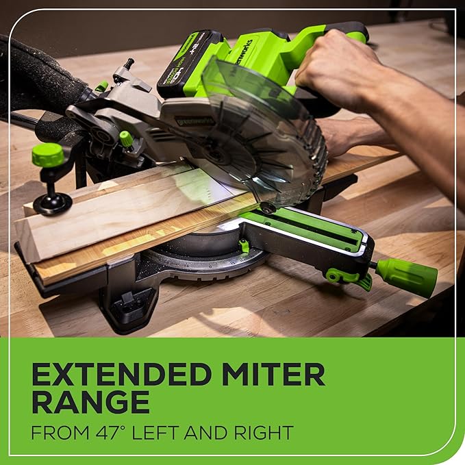 Greenworks 24V Brushless 7-1/4" Sliding Compound Miter Saw Kit, 4800RPM, Single Bevel 0-47°, LED Cut Line, Dust Collection, 4.0Ah Battery & Charger Included