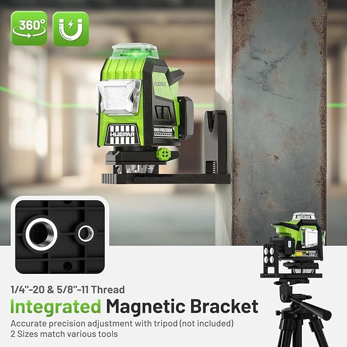 Huepar Laser Level 360 Self Leveling, 1/13 High Accuracy, 4D Green Laser Line Level with LCD Screen & Pulse Mode & Adjust Laser Brightness 4x360 Cross Line Laser -Magnetic Base, Hard Carry Case HX04CG