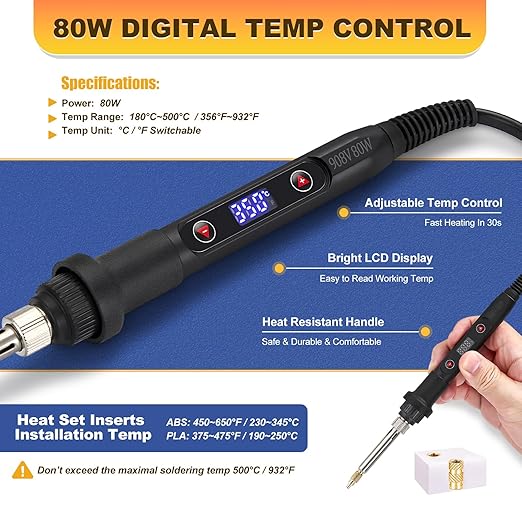 Professional Heat Set Insert Tool Kit: 80W Soldering Iron Heat Insert Tool with 520pcs Brass Inserts & Heat Set Insert Tips (M2-M8) for 3D Printing