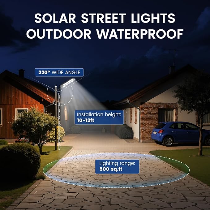 Solar Street Lights Outdoor, 10000K Ultra Bright LED, Waterproof IP65, Motion Sensor, Dusk to Dawn, Suitable for Commercial Area, Parking Lot, with Anti Broken Remote Control Mounting Bracket, 2 Pack