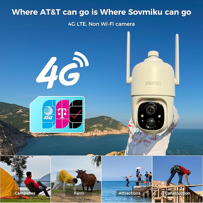 Sovmiku 2C1 4G LTE Cellular Security Camera Wireless Outdoor, $14.9/Month for Unlimited Data, Easy to Setup, IP65 Waterproof, No Wi-Fi Surveillance Cam Two Way Audio, Color Night Vision, 32GB Included