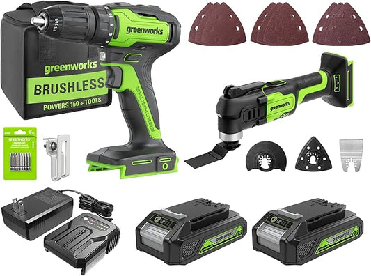 Greenworks 24V Brushless 2 pcs Cordless Power Tool Combo Kit, include Drill Driver, Multi Tool, 2 x 2Ah Batteries and Charger