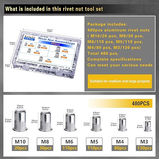 Rivet Nut Combination Kit 480PCS, Embedded Rivet Nuts, Rivet Nut Sorting Tool, M10 M8 M6 M5 M4 M3, for Automotive, Home Decoration and Industrial Applications