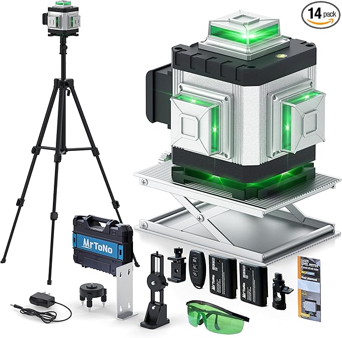 Laser Level, MrToNo 4 x 360°Self Leveling Laser Level, 16 Lines 4D Laser Measuring Tool Green Lazer Leve, for Construction, Ceiling, Tiling, Framing, Home Renovation, Picture Hanging (Silver)