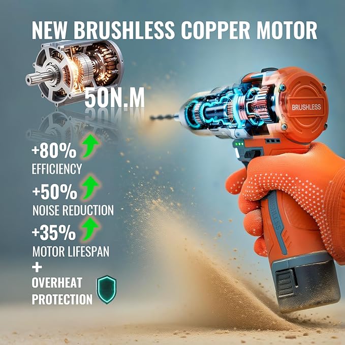 50N.m Brushless Cordless Drill, 4-Function Electric Drill with 36 pcs Accessories, Keyless Metal Chuck, 35 Torque Adjustment, 2pcs Batteries, 2 Speed, Screwdriver, Wrench, Impact Gun For Housework