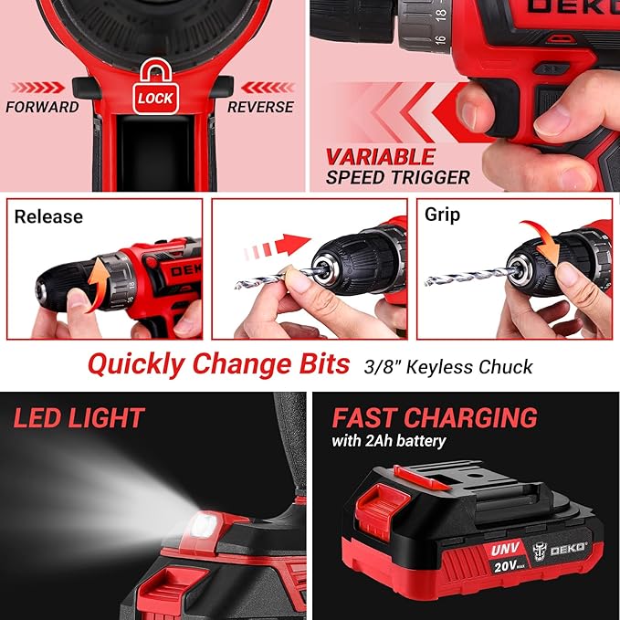 Red Drill Tool Kit Set: 20V Cordless Power Drill Tool Box with Battery Electric Drill Driver for Men Home Hand Repair Basic Toolbox Tools Sets Drills Case