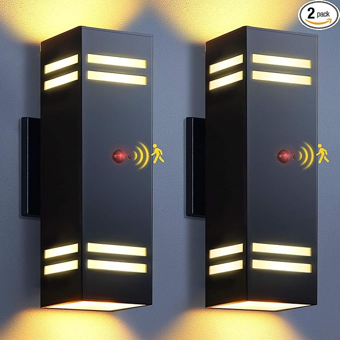 KIZON Motion Sensor Outdoor Lights 2 Pack, Dusk to Dawn Outdoor Wall Lights Black Exterior Lighting Fixtures with E26 Base, Modern Sconce Motion Detector Lights for House Porch