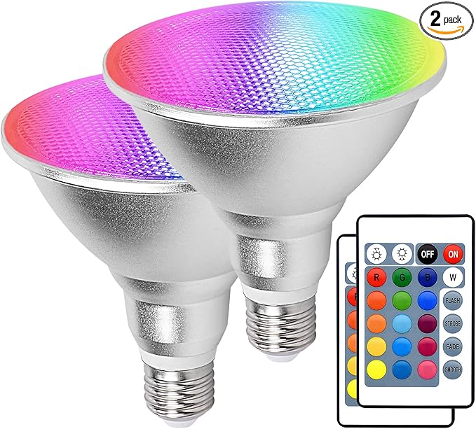 2 Pack RGB PAR38 Flood Light Outdoor with Remote, 30W=90W, Waterproof LED Color Changing Light Bulbs, 3000K Warm White, 1800lm, Christmas Party Decor Dimmable Lamp