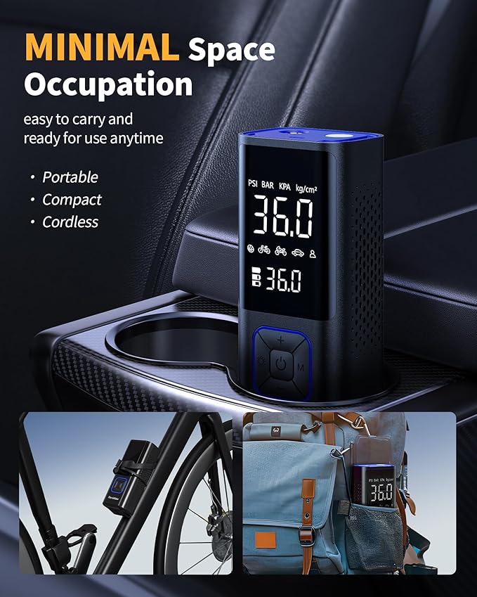 Cordless Tire Inflator Portable Air Compressor - 150PSI Air Pump with Auto Shutoff Function for Car Tires, Inflatables, Motorcycle, Balls, Compact Bike Tire Pump with LED Light, Blue, Large