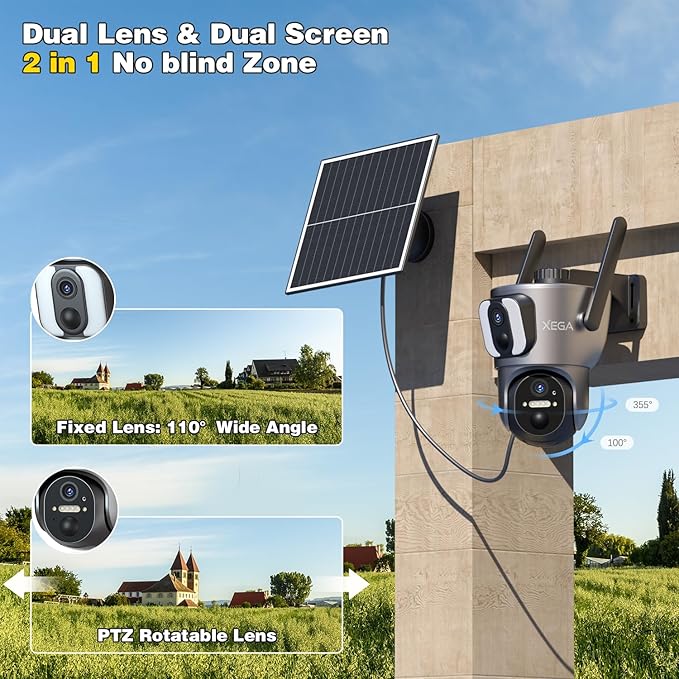 Xega 4G Cellular Security Camera【Dual Lens】 Outdoor with SIM Card, 14400mAh 2K HD Wireless Solar 4G LTE Camera, PTZ Motion Dtetection Spotlight Siren TF Cloud Storage,Only Support The Built-in SIM