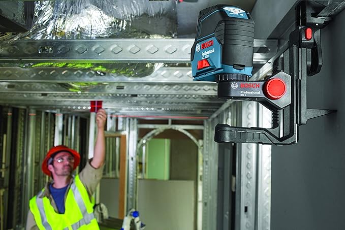 BOSCH GCL 2-160 65 Ft Self-Leveling Cross-Line Laser with Plumb Points, Includes Magnetic Rotating Mount, Ceiling Grid Clip, Laser Target Plate, 3 AA Batteries, & Hard Carrying Case