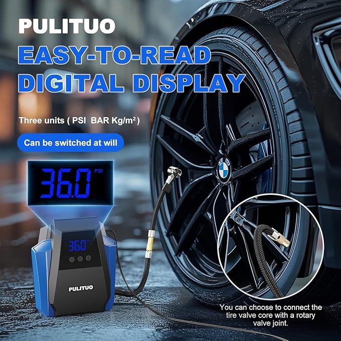 PULITUO Tire Inflator Portable Air Compressor - Car Accessories 12V DC Air Pump for Car Tires with Digital Pressure Gauge, Emergency LED Light for Wheel, Bike, Ball, Motor