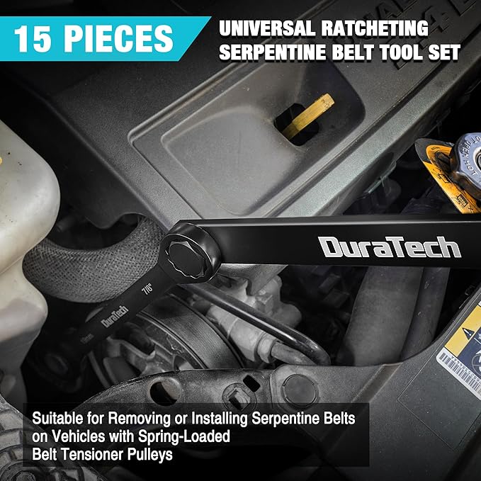 DURATECH 15-Piece Universal Ratcheting Serpentine Belt Tool Set, Belt Tensioner Tool Kit with Blackening Treatment for Installing and Removing Pulleys and Belts