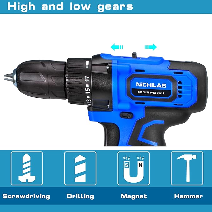 Cordless Drill, 21V Power Screwdriver 2 Variable Speed 3/8” Keyless Chuck, 2 X 1500mAh Batteries and Charger for assembling, repairing and DIY
