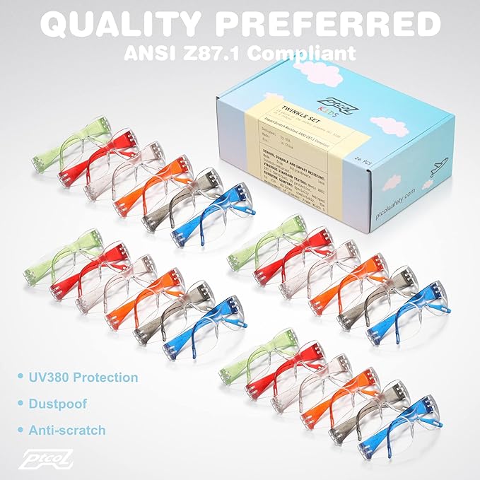 Kids Safety Glasses 24 Pack, Scratch, Impact Resistant Safety Goggles with Clear Lens Assorted Twinkle Color Frame, Eyewear for Lab, Sports,Shooting, Landscaping, Child Youth Size