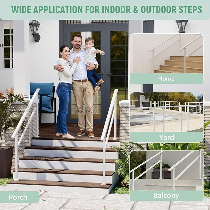 2 Pack Hand Rails for Outdoor Steps,4-5 Step Railing for Stairs,Adjustable Porch Railing,Hand Rails for Seniors,Outdoor Deck Handrails for Exterior Steps,White