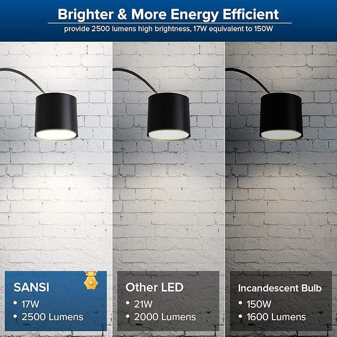 SANSI Dimmable LED Light Bulb 150 Watt Equivalent, A19 2500 Lumens 5000K Daylight Bright White Bulb Ceramic Technology, E26 Base, 22.5 Years Lifespan, 17W Energy Saving Light Bulbs for Home Kitchen