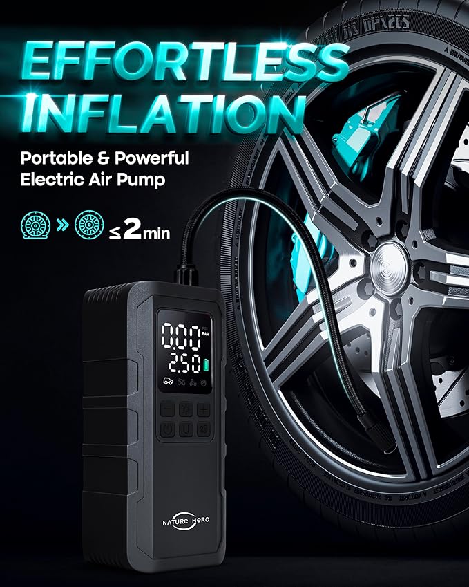 Tire Inflator Portable Air Compressor and Power Bank - 150PSI Compressor Portable Tire Inflator for Car, Motorcycle, Bicycle, Balls - Car Air Pump，Black