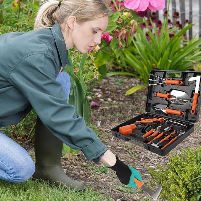 Gardening Tool Set, 11 Pieces Gardening Tools with Carrying Case, Garden Tool Kit for Digging Planting Pruning, Unique Gardening Set with Gloves for Women and Men (Orange)