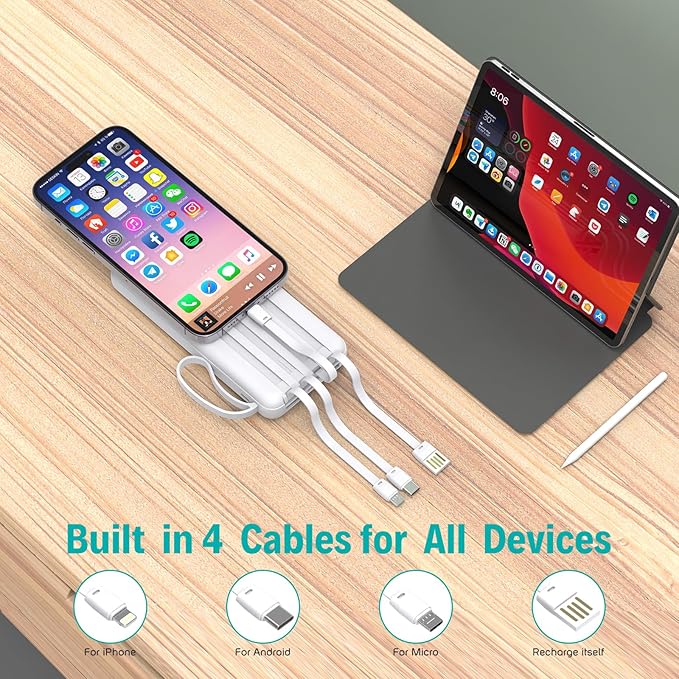 Portable Charger with Built in Cables,10000mAh Slim USB C Power Bank,5 Output 3 Input LED Display High Speed External Battery Pack Travel Phone Charger for iPhone Samsung Pixel LG Moto iPad,White