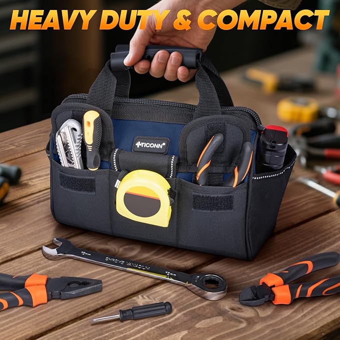 TICONN Heavy Duty Tool Bag with Multi-Pockets, Portable Tool Box Organizer Storage Bag, with Adjustable Shoulder Strap and Ergonomic Handle (Blue, 12" Standard Base)