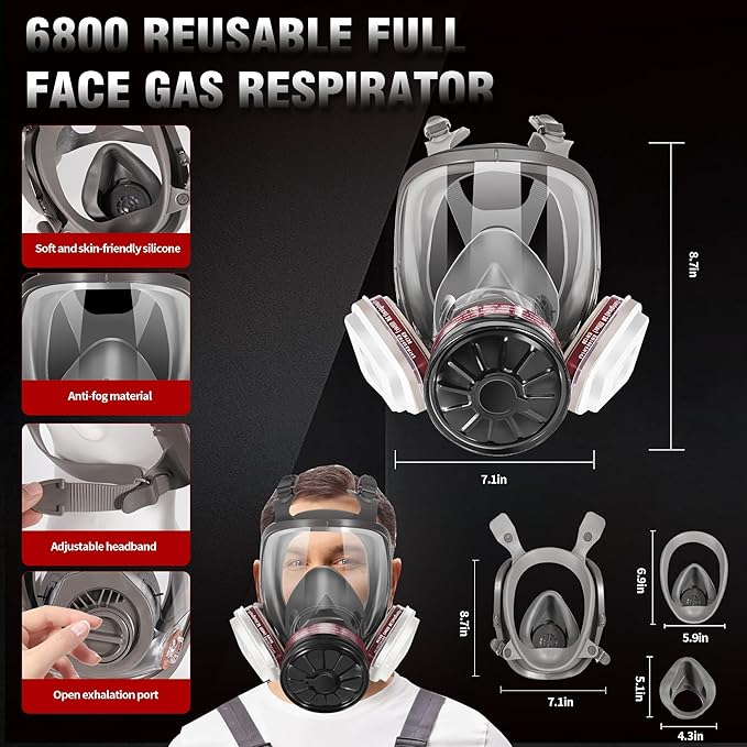 Gas Masks Survival Nuclear and Chemical - Reusable Full Face Respirator with Activated Carbon 40mm Filter, for Painting Welding Chemical Protection Mold Dust Epoxy Resin Woodworking 6800