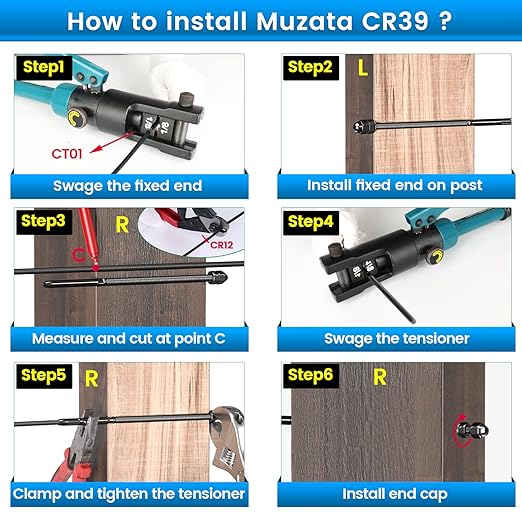 Muzata 20 Pack 1/8" Black Cable Railing Hardware Kit Hand Swage Threaded Stud Tensioner for 4x4 2x2 Wood Metal Post T316 Stainless Steel Deck Cable Railing System CR39