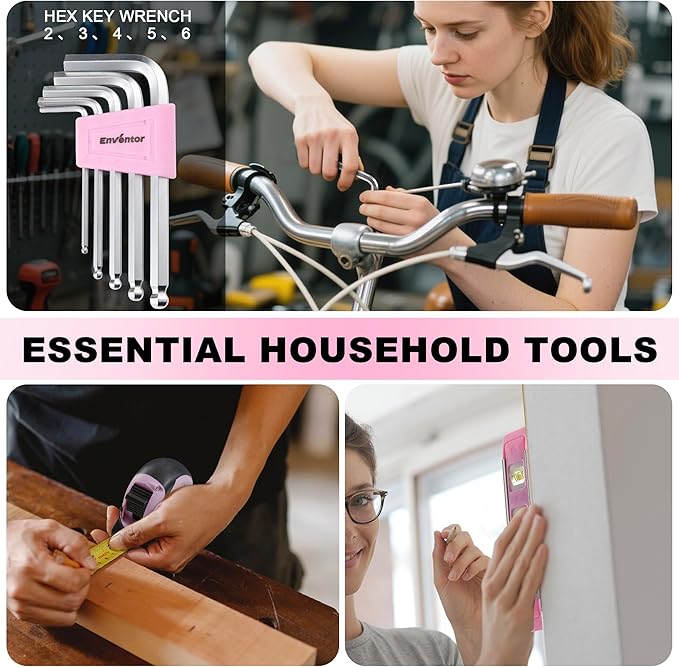 Enventor Pink Tool Kit Set for Women, 146PCS General Household Hand Tool Kit with Storage Toolbox, Ladies Small Basic Tool Kits for Home Maintenance, DIY Projects