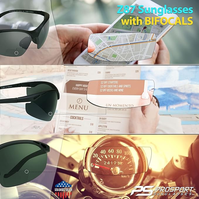 proSPORT Bifocal sunglass Safety Reader Z87 Wrap Around No Slip Grip +1.50 +2.00 +2.50 +3.00