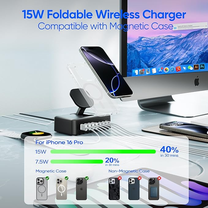 115W USB Charging Station Power Strip, 11-in-1 USB C Charger Block, 2AC Outlets with 8USB Ports(4USB-C), 5FT Flat Plug Extension Cord, Fast Charging Desktop Charger for Home Office Dorm Room, Black