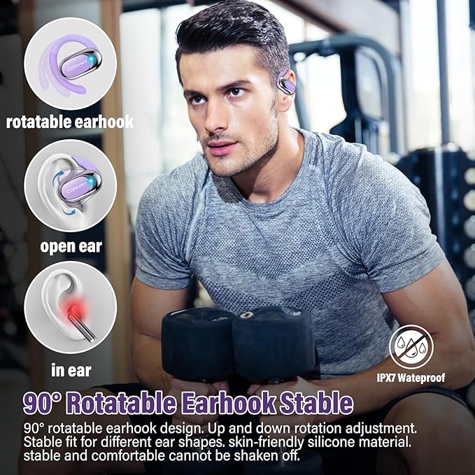 Open Ear Headphones, Wireless Bluetooth 5.4 Earbuds with Big Earhooks, Ultra-Comfort Open Ear Earbuds, 58 Hours HD Stereo Sound Over Ear Earphones, IP7 Waterproof Headset for Workouts, Purple