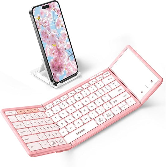 Samsers Foldable Bluetooth Keyboard with Touchpad, Full-Size Wireless Portable Travel Folding Keyboard for iOS Android Windows Mac OS, Support 3 Devices (BT5.1 x 3), Pink