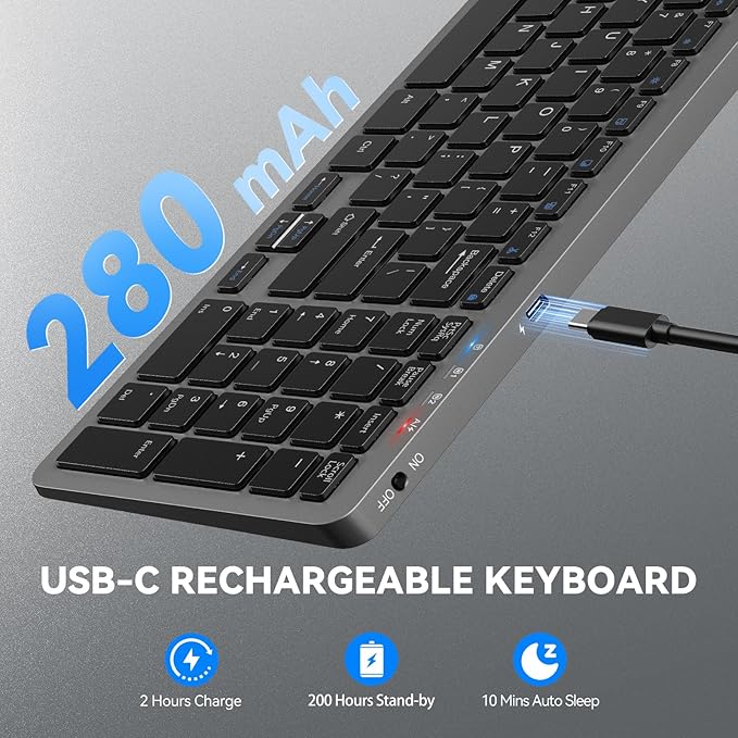 TECKNET Wireless Bluetooth Keyboard Rechargeable - Ultra Slim 2.4G+BT Keyboard with Number Pad, Multi Devices Easy Switch, Low Profile Compact Keyboards for iPad, Macbook, Laptop, Computer, Tablet, PC