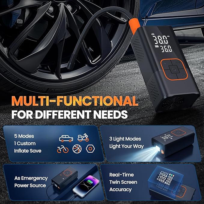 Tire Inflator Portable Air Compressor, 150PSI Bike Pump with Tire Pressure Gauge, LED Lights & Car Accessories, Cordless Air Pump for Car Tires, Bike, Motorcycle, Ball(Tangerine)