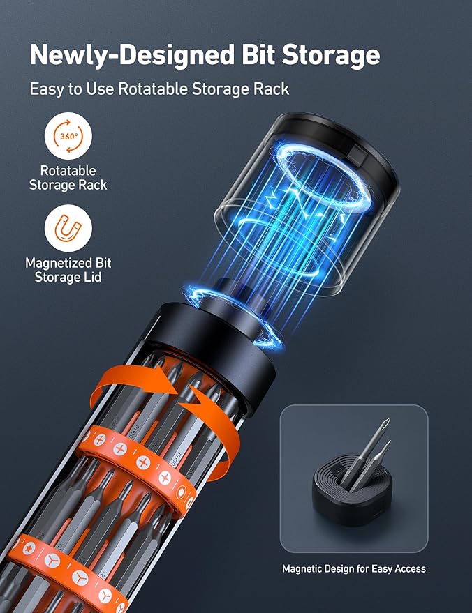 AstroAI ES60 3.7V Mini Electric Screwdriver, 63-in-1 Electric Screwdriver Cordless Set with 60 Magnetic Bits, Rotatable Magnetic Storage, Repair Tool Kit for Phone Camera Laptop Watch